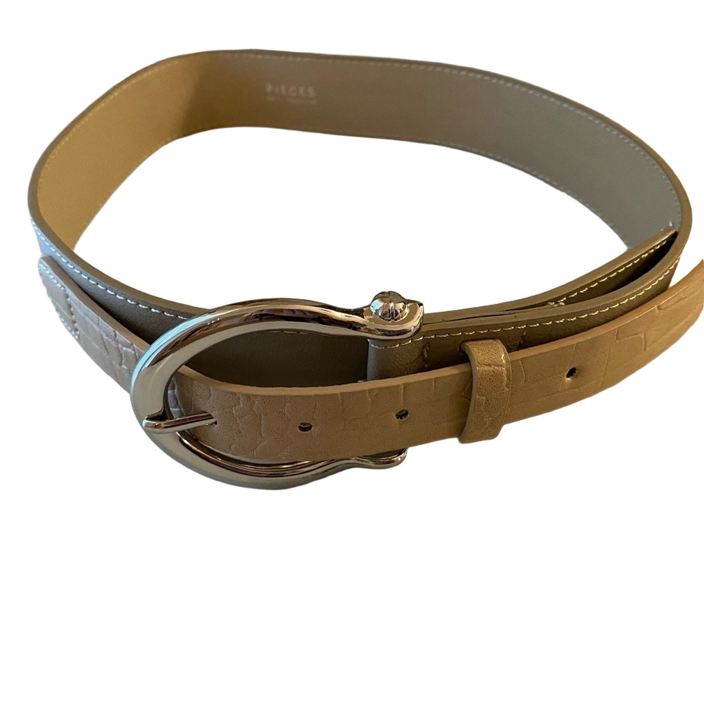 PIECES Pchelia Croc-Embossed Beige & Tan Waist Belt Size 85 / Small